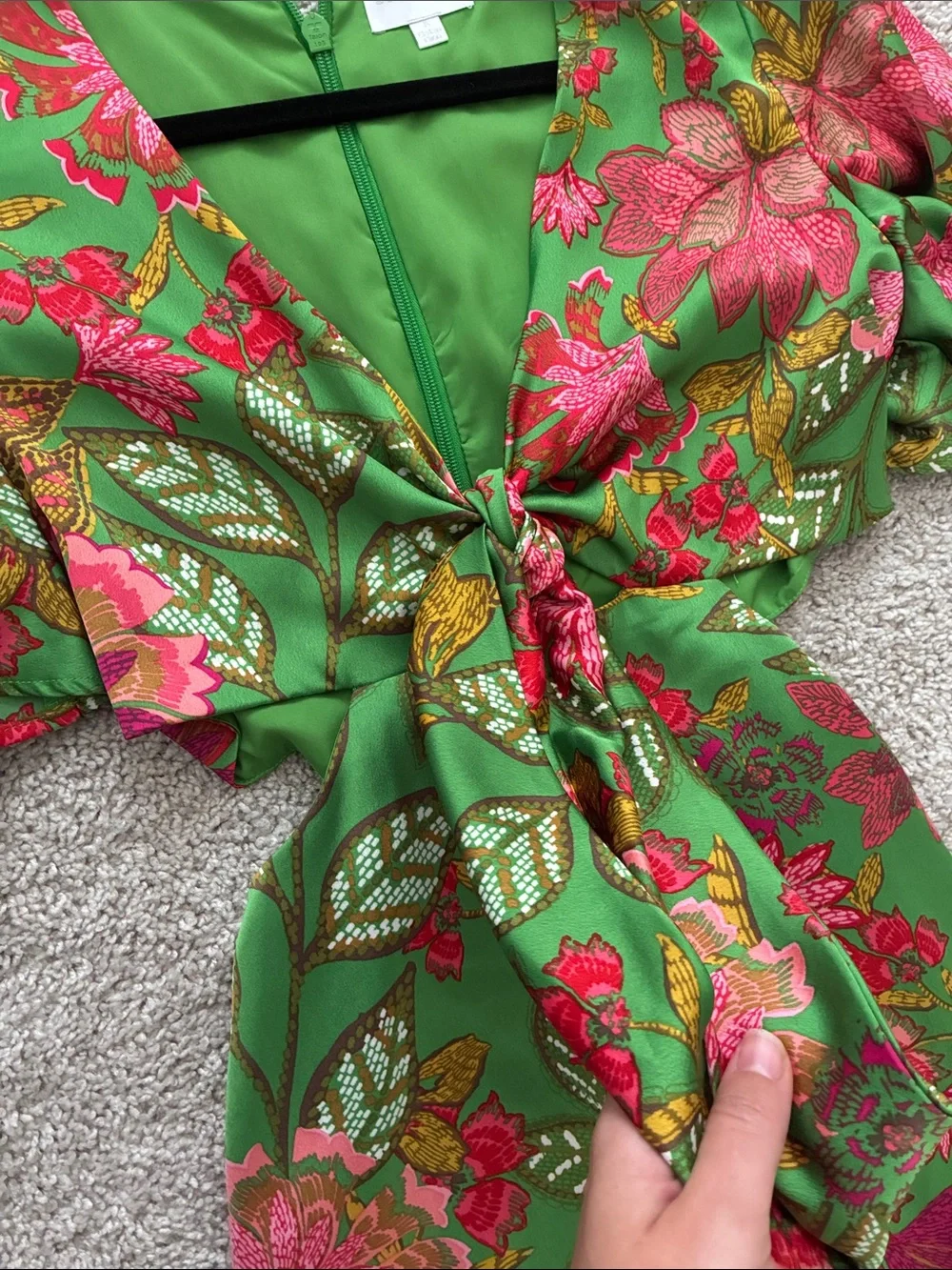 Sugarlips Green Floral Tie-Front Midi Dress with Pink Accents
